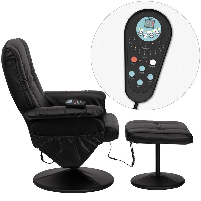 Massaging Heat Controlled Adjustable Recliner And Ottoman With Wrapped Base In Black Leathersoft By Flash Furniture | Recliners | Modishstore - 2