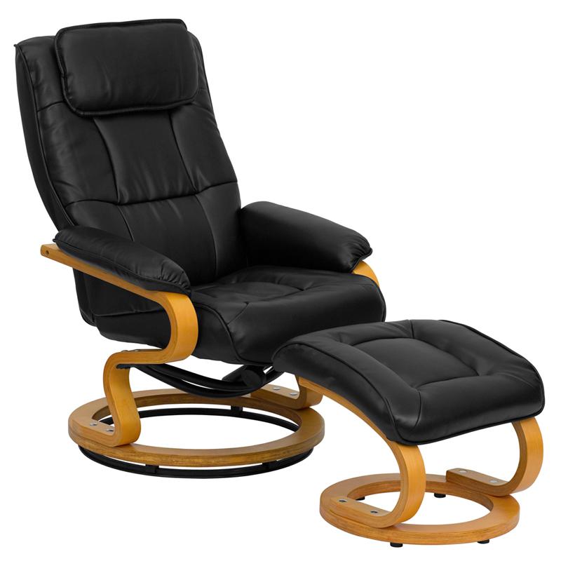 Contemporary Adjustable Recliner And Ottoman With Swivel Maple Wood Base In Black Leathersoft By Flash Furniture | Recliners | Modishstore - 1