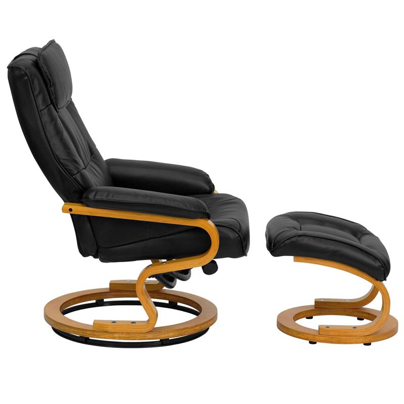 Contemporary Adjustable Recliner And Ottoman With Swivel Maple Wood Base In Black Leathersoft By Flash Furniture | Recliners | Modishstore - 3
