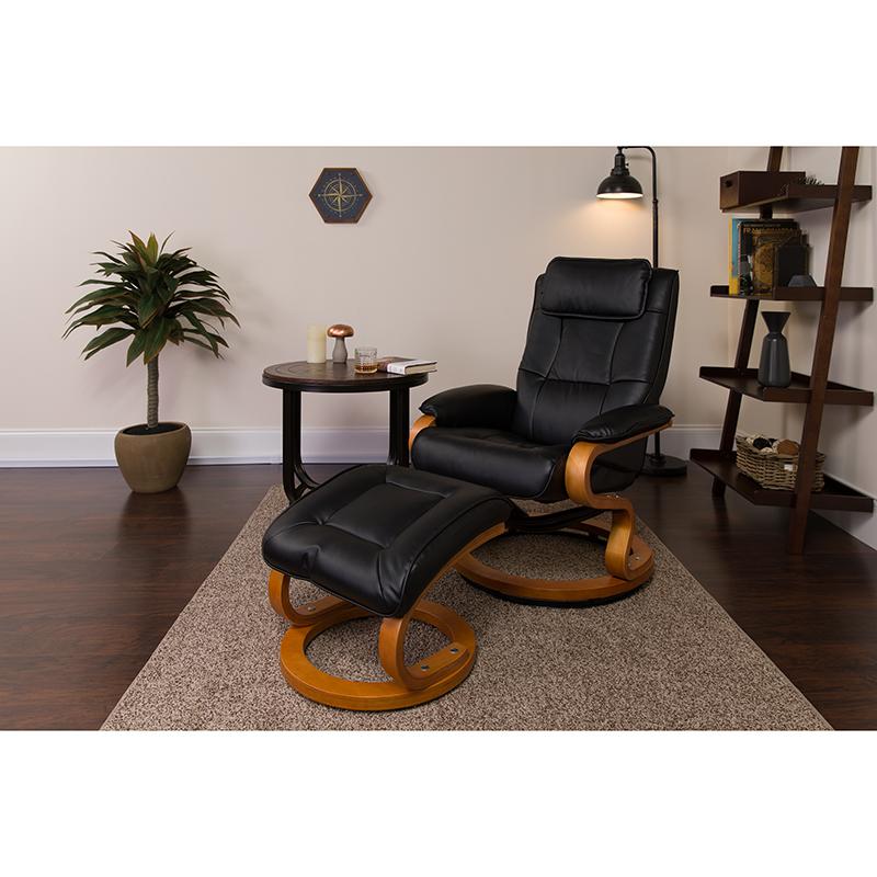 Contemporary Adjustable Recliner And Ottoman With Swivel Maple Wood Base In Black Leathersoft By Flash Furniture | Recliners | Modishstore - 2