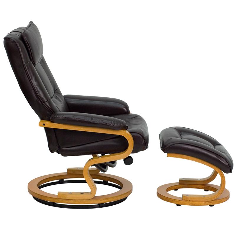 Contemporary Adjustable Recliner And Ottoman With Swivel Maple Wood Base In Brown Leathersoft By Flash Furniture | Recliners | Modishstore - 2