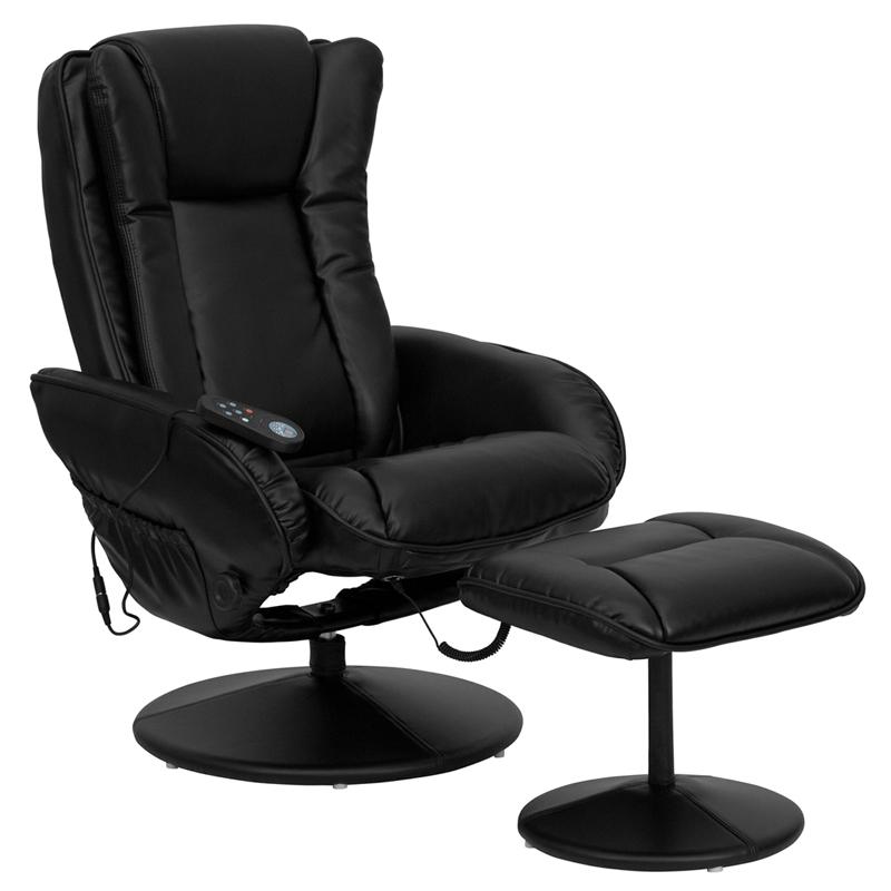 Massaging Multi-Position Plush Recliner With Side Pocket And Ottoman In Black Leathersoft By Flash Furniture | Recliners | Modishstore - 1