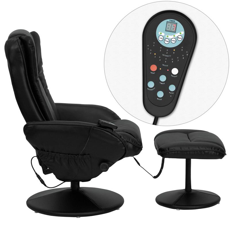 Massaging Multi-Position Plush Recliner With Side Pocket And Ottoman In Black Leathersoft By Flash Furniture | Recliners | Modishstore - 2
