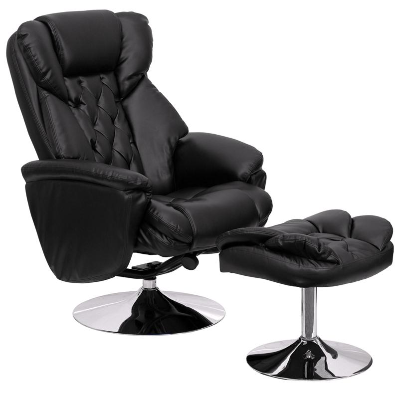 Transitional Multi-Position Recliner And Ottoman With Chrome Base In Black Leathersoft By Flash Furniture | Recliners | Modishstore - 1
