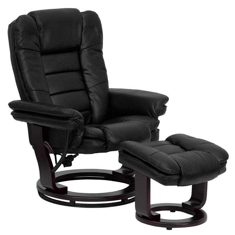 Contemporary Multi-Position Recliner With Horizontal Stitching And Ottoman With Swivel Mahogany Wood Base In Black Leathersoft By Flash Furniture | Recliners | Modishstore - 1