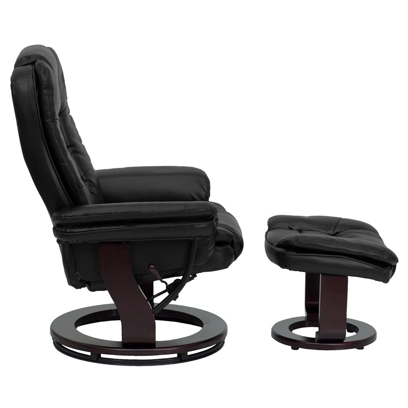 Contemporary Multi-Position Recliner With Horizontal Stitching And Ottoman With Swivel Mahogany Wood Base In Black Leathersoft By Flash Furniture | Recliners | Modishstore - 2