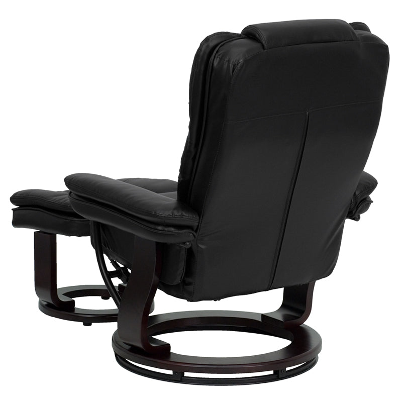 Contemporary Multi-Position Recliner With Horizontal Stitching And Ottoman With Swivel Mahogany Wood Base In Black Leathersoft By Flash Furniture | Recliners | Modishstore - 3