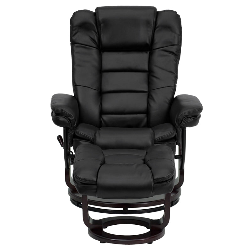 Contemporary Multi-Position Recliner With Horizontal Stitching And Ottoman With Swivel Mahogany Wood Base In Black Leathersoft By Flash Furniture | Chairs & Recliners | Modishstore - 4