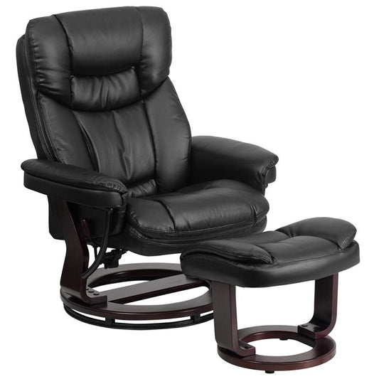 Contemporary Multi-Position Recliner And Curved Ottoman With Swivel Mahogany Wood Base In Black Leathersoft By Flash Furniture | Chairs & Recliners | Modishstore