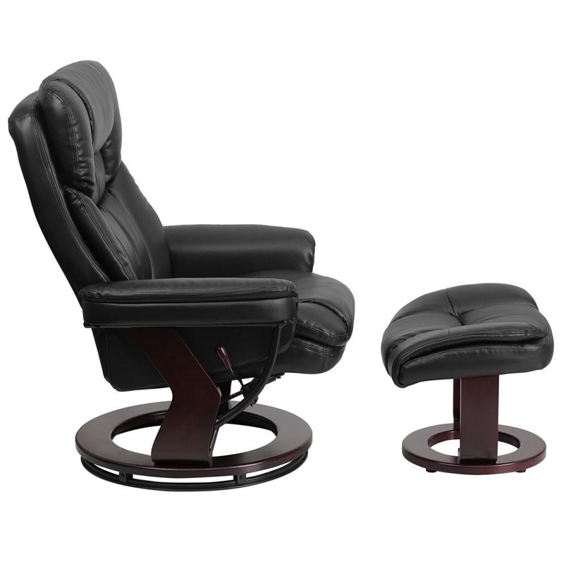 Contemporary Multi-Position Recliner And Curved Ottoman With Swivel Mahogany Wood Base In Black Leathersoft By Flash Furniture | Recliners | Modishstore - 2