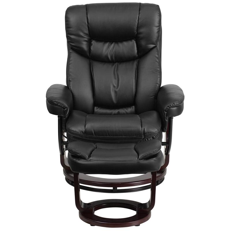 Contemporary Multi-Position Recliner And Curved Ottoman With Swivel Mahogany Wood Base In Black Leathersoft By Flash Furniture | Chairs & Recliners | Modishstore - 4