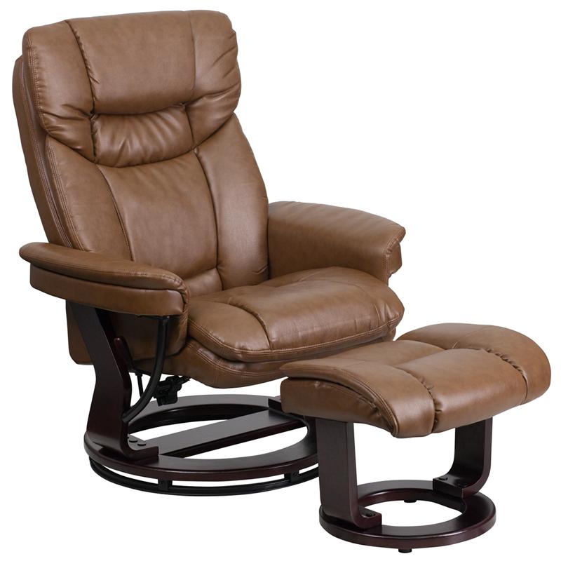 Contemporary Multi-Position Recliner And Curved Ottoman With Swivel Mahogany Wood Base In Palimino Leathersoft By Flash Furniture | Recliners | Modishstore - 1