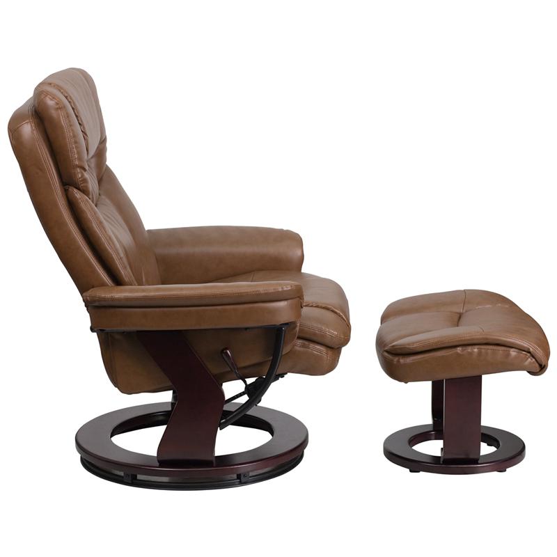 Contemporary Multi-Position Recliner And Curved Ottoman With Swivel Mahogany Wood Base In Palimino Leathersoft By Flash Furniture | Recliners | Modishstore - 2