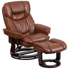 Contemporary Multi-Position Recliner And Curved Ottoman With Swivel Mahogany Wood Base In Brown Vintage Leathersoft By Flash Furniture