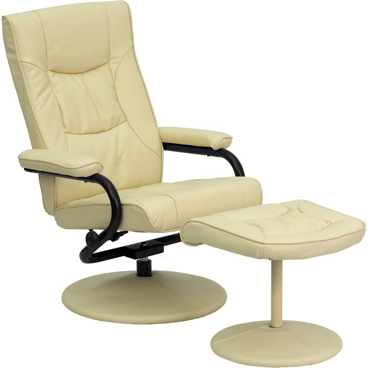 Contemporary Multi-Position Recliner And Ottoman With Wrapped Base In Cream Leathersoft By Flash Furniture | Recliners | Modishstore - 1