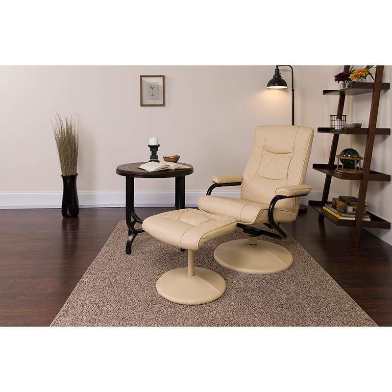 Contemporary Multi-Position Recliner And Ottoman With Wrapped Base In Cream Leathersoft By Flash Furniture | Recliners | Modishstore - 2