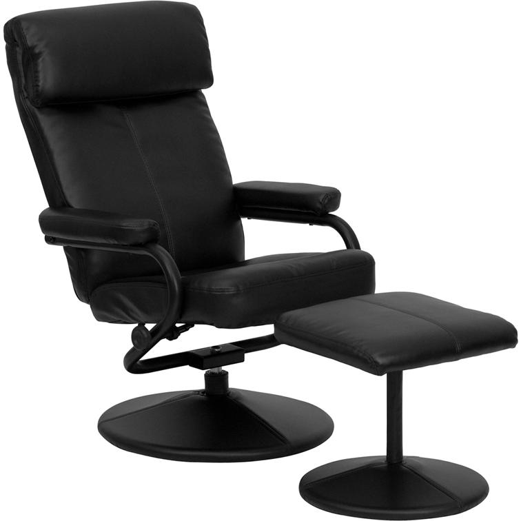 Contemporary Multi-Position Headrest Recliner And Ottoman With Wrapped Base In Black Leathersoft By Flash Furniture | Recliners | Modishstore - 1