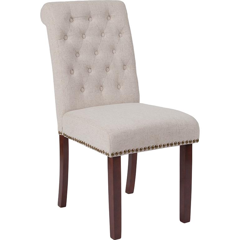 Hercules Series Beige Fabric Parsons Chair With Rolled Back, Accent Nail Trim And Walnut Finish By Flash Furniture | Dining Chairs | Modishstore - 1