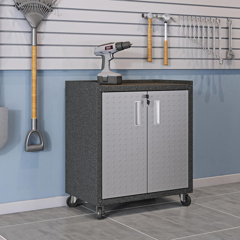 Manhattan Comfort 3GMCC Fortress Textured Metal 31.5" Garage Mobile Cabinet with 2 Adjustable Shelves In Grey | Cabinets | Modishstore