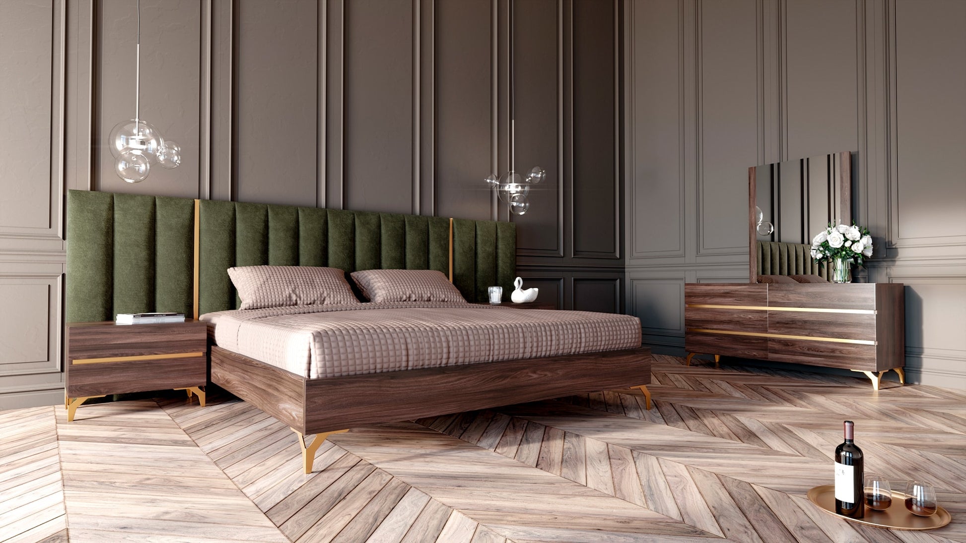 Nova Domus Calabria Modern Walnut & Green Velvet Bedroom Set | Modishstore | Bedroom Sets