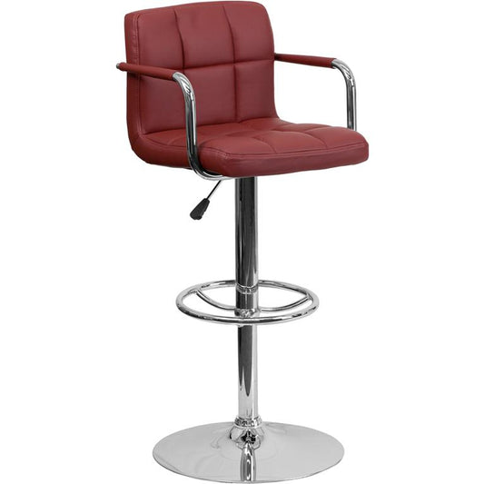 Contemporary Burgundy Quilted Vinyl Adjustable Height Barstool With Arms And Chrome Base By Flash Furniture | Bar Stools | Modishstore