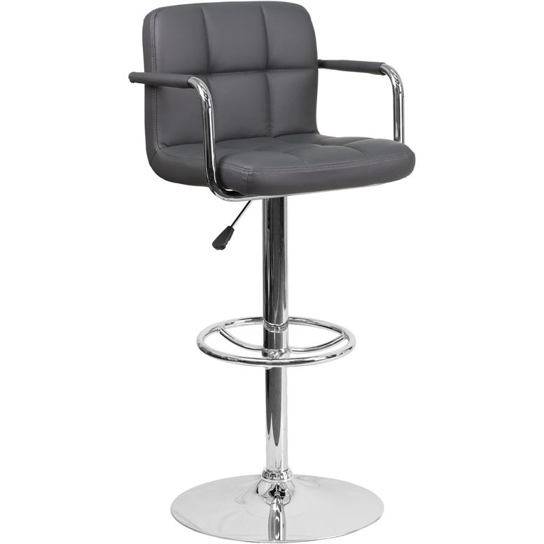 Contemporary Gray Quilted Vinyl Adjustable Height Barstool With Arms And Chrome Base By Flash Furniture | Bar Stools | Modishstore - 1