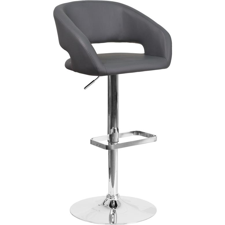 Contemporary Gray Vinyl Adjustable Height Barstool With Rounded Mid-Back And Chrome Base By Flash Furniture | Bar Stools | Modishstore - 1