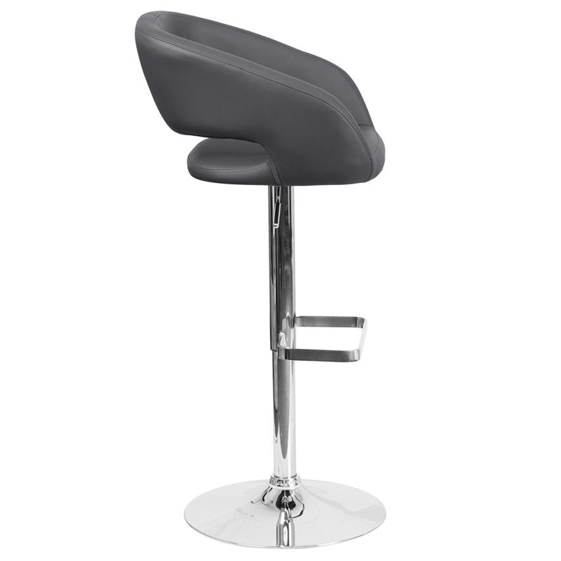 Contemporary Gray Vinyl Adjustable Height Barstool With Rounded Mid-Back And Chrome Base By Flash Furniture | Bar Stools | Modishstore - 2