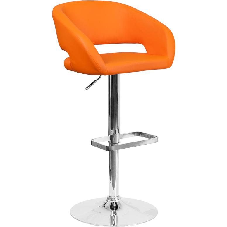 Contemporary Orange Vinyl Adjustable Height Barstool With Rounded Mid-Back And Chrome Base By Flash Furniture | Bar Stools | Modishstore - 1