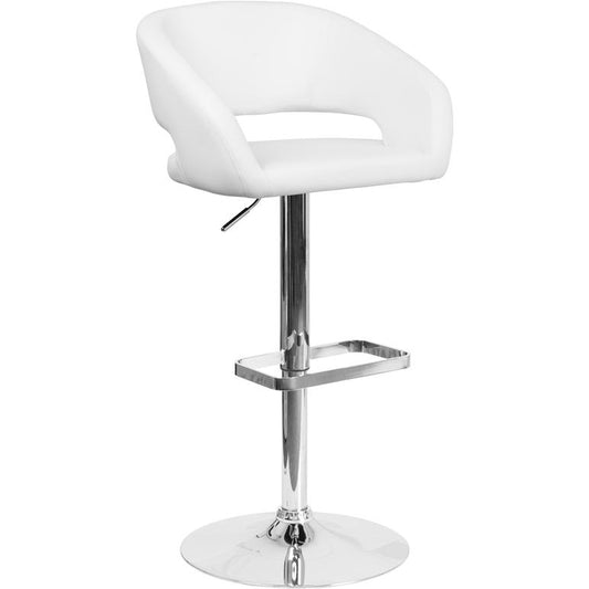 Contemporary White Vinyl Adjustable Height Barstool With Rounded Mid-Back And Chrome Base By Flash Furniture | Bar Stools | Modishstore - 1