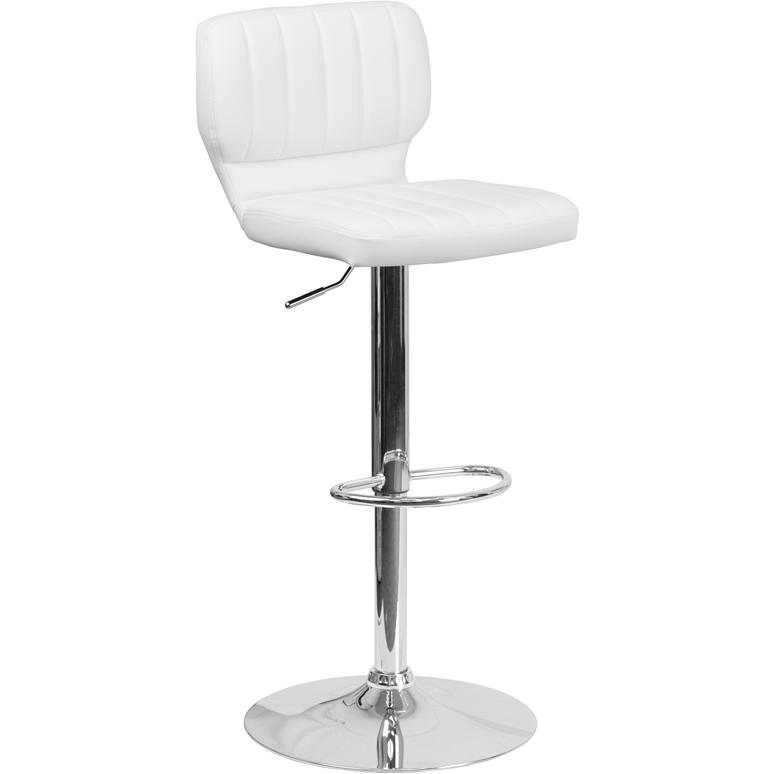 Contemporary White Vinyl Adjustable Height Barstool With Vertical Stitch Back And Chrome Base By Flash Furniture | Bar Stools | Modishstore - 1