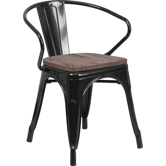 Black Metal Chair With Wood Seat And Arms By Flash Furniture | Dining Chairs | Modishstore