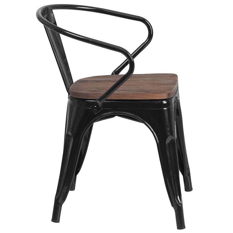 Black Metal Chair With Wood Seat And Arms By Flash Furniture | Dining Chairs | Modishstore - 2