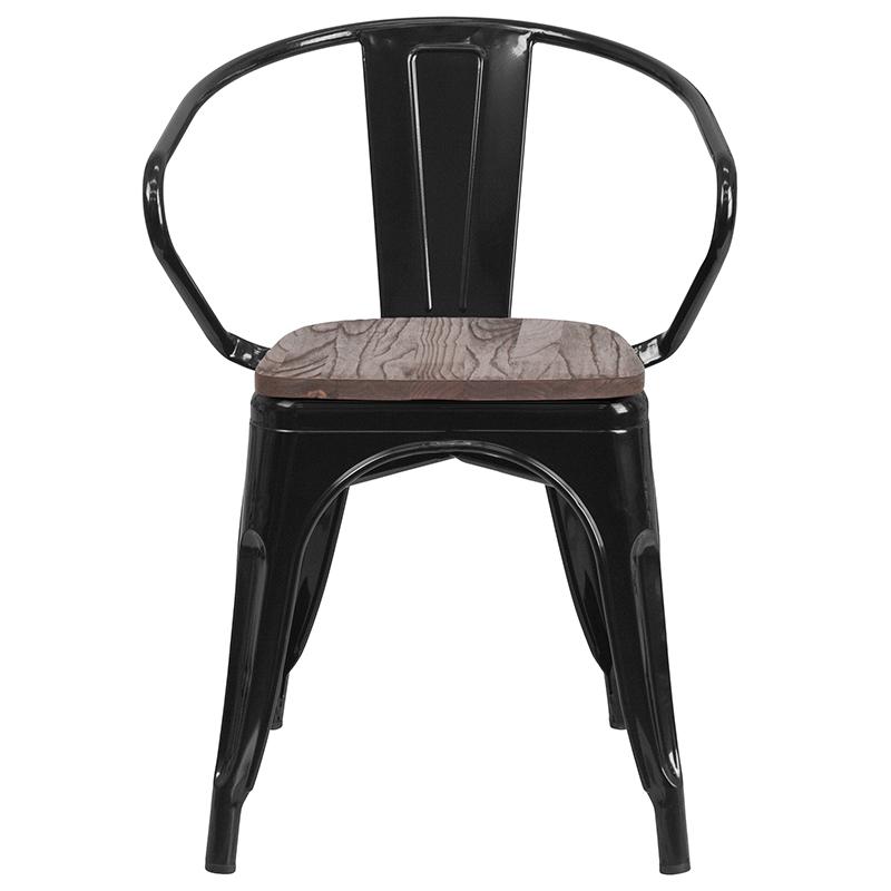 Black Metal Chair With Wood Seat And Arms By Flash Furniture | Dining Chairs | Modishstore - 4