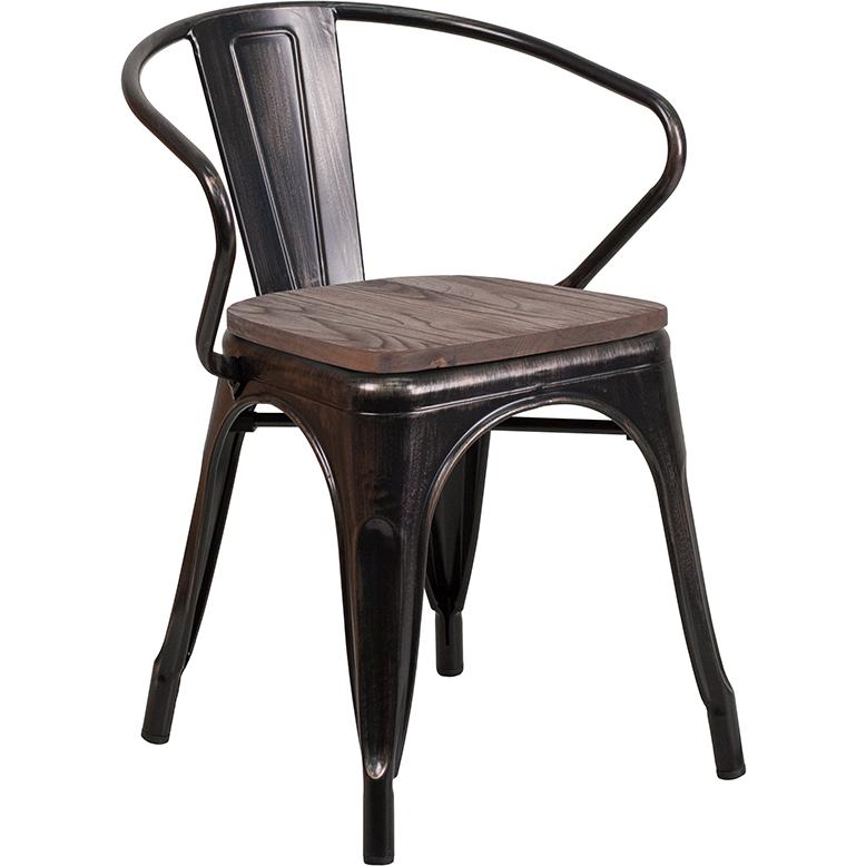 Black-Antique Gold Metal Chair With Wood Seat And Arms By Flash Furniture | Dining Chairs | Modishstore