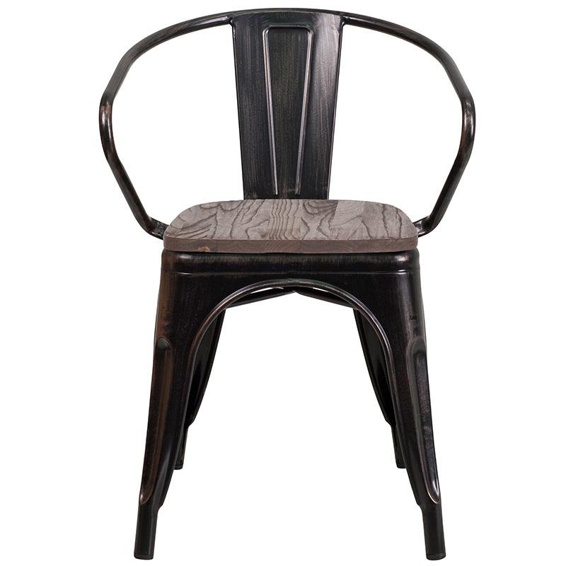 Black-Antique Gold Metal Chair With Wood Seat And Arms By Flash Furniture | Dining Chairs | Modishstore - 4