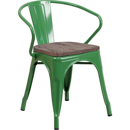 Green Metal Chair With Wood Seat And Arms By Flash Furniture | Dining Chairs | Modishstore - 1