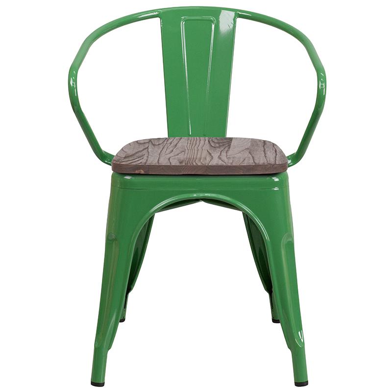 Green Metal Chair With Wood Seat And Arms By Flash Furniture | Dining Chairs | Modishstore - 4