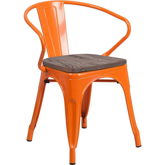 Orange Metal Chair With Wood Seat And Arms By Flash Furniture | Dining Chairs | Modishstore