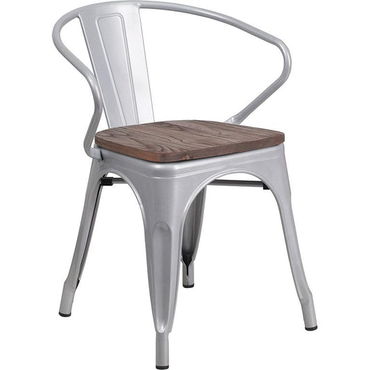 Silver Metal Chair With Wood Seat And Arms By Flash Furniture | Dining Chairs | Modishstore