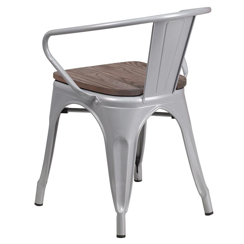 Silver Metal Chair With Wood Seat And Arms By Flash Furniture | Dining Chairs | Modishstore - 3