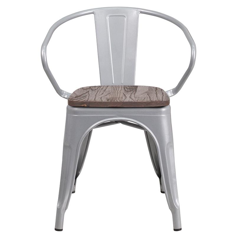Silver Metal Chair With Wood Seat And Arms By Flash Furniture | Dining Chairs | Modishstore - 4