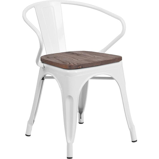 White Metal Chair With Wood Seat And Arms By Flash Furniture | Dining Chairs | Modishstore