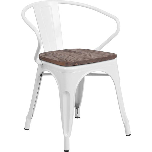 White Metal Chair With Wood Seat And Arms By Flash Furniture | Dining Chairs | Modishstore - 1