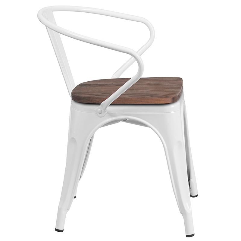 White Metal Chair With Wood Seat And Arms By Flash Furniture | Dining Chairs | Modishstore - 2