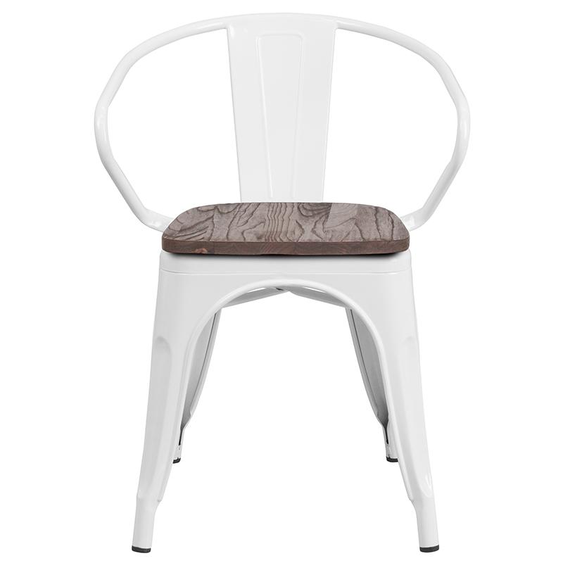 White Metal Chair With Wood Seat And Arms By Flash Furniture | Dining Chairs | Modishstore - 4