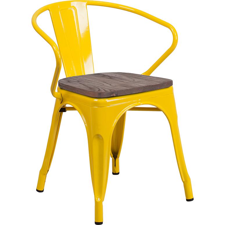 Yellow Metal Chair With Wood Seat And Arms By Flash Furniture | Dining Chairs | Modishstore - 1