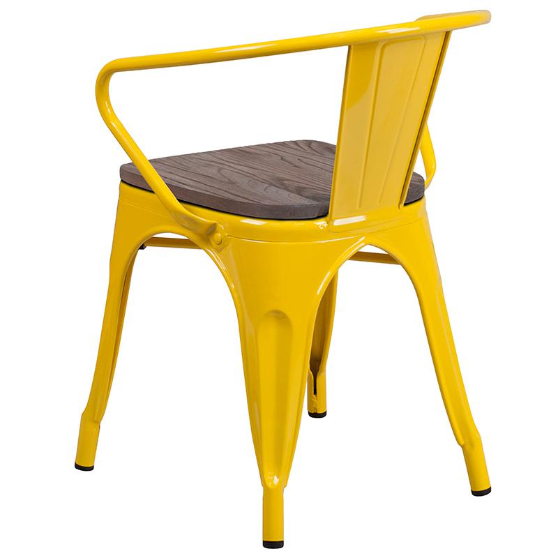 Yellow Metal Chair With Wood Seat And Arms By Flash Furniture | Dining Chairs | Modishstore - 3