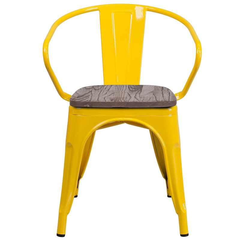 Yellow Metal Chair With Wood Seat And Arms By Flash Furniture | Dining Chairs | Modishstore - 4