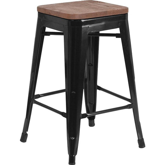 24" High Backless Black Metal Counter Height Stool With Square Wood Seat By Flash Furniture | Bar Stools | Modishstore